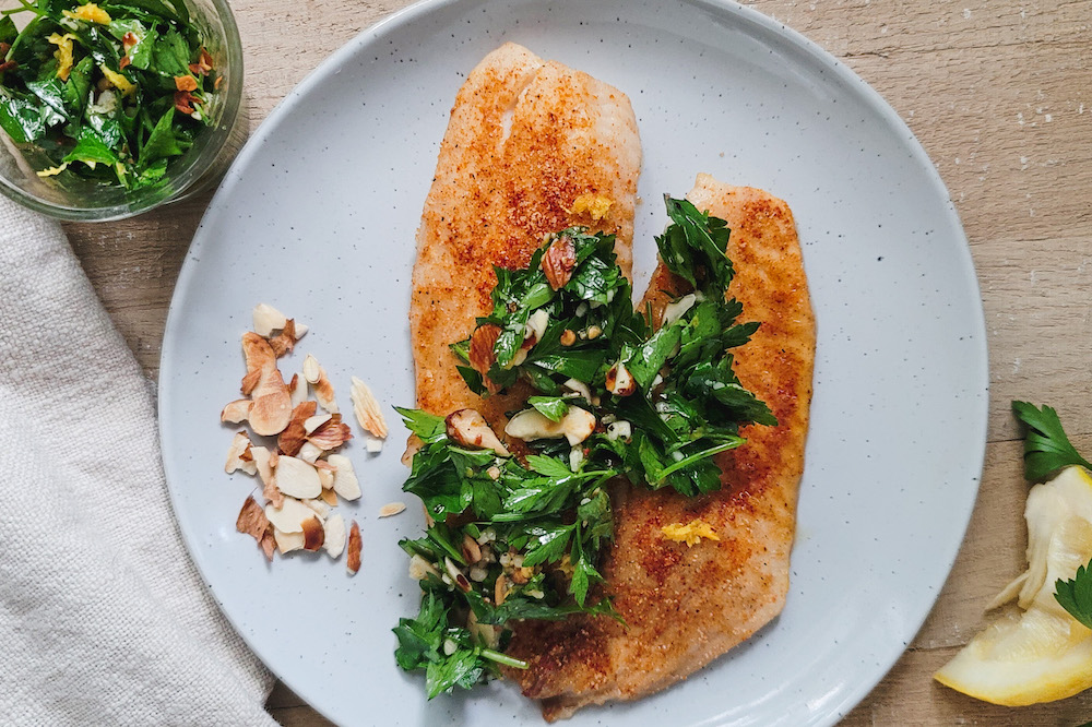 Tilapia with almond gremolata Strongr Fastr AI Nutrition, Workouts