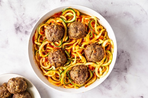 Zoodles marinara with meatballs