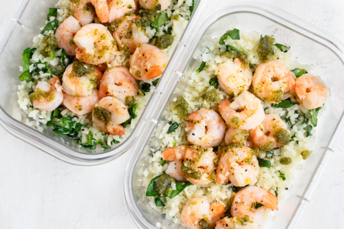 Pesto shrimp & cauliflower bowl