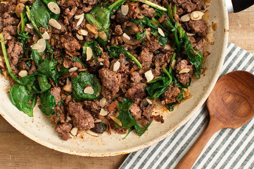 Almond beef and spinach skillet