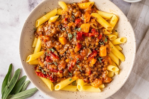 Squash & lentil bolognese pasta